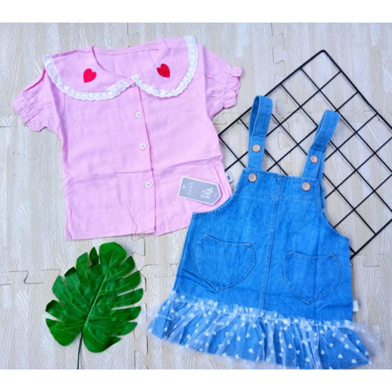 SETELAN DRESS OVERALL JEANS TUTU ANAK IMPORT 1-5 TAHUN / SETELAN BLOUSE OVERALL JEANS ANAK CEWEK IMPORT 1-5 TAHUN