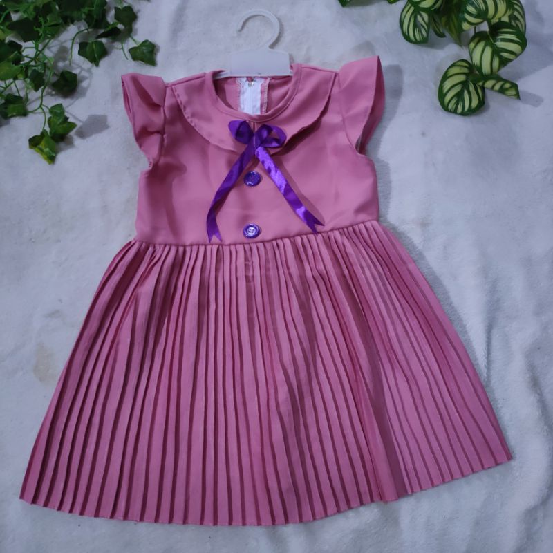 Dress anak perempuan 1 2 tahun rok plisket baju anak cewek perempuan marun lime pink ( dress plisket