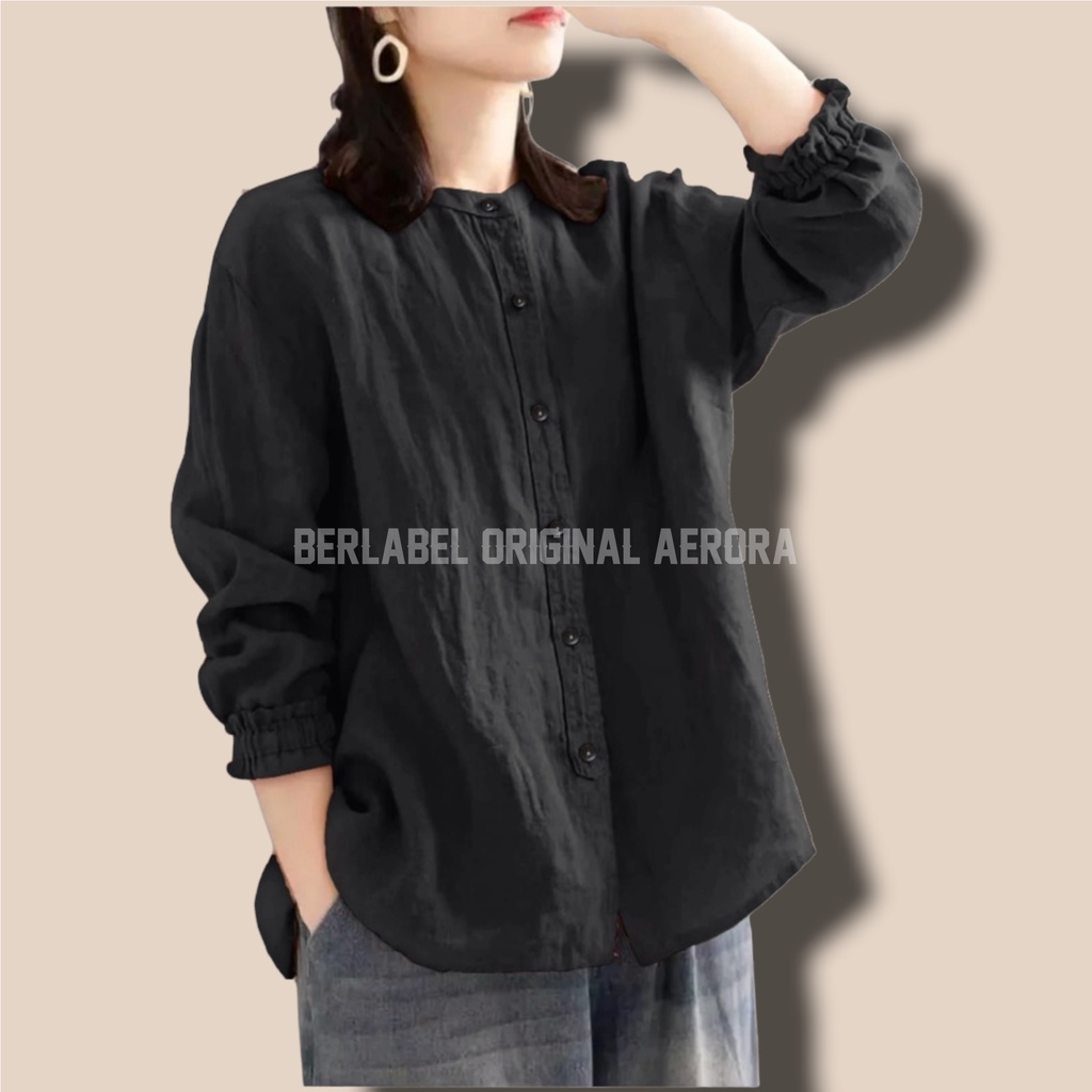 Jennia Kemeja Blouse Linen Polos Jumbo Kerah Shanghai Oversize Shirt Wanita Basic Premium Korean Style Kekinian Ld 120 PJ 65