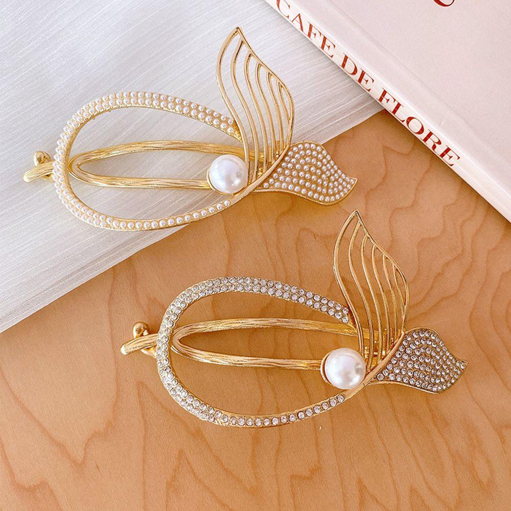 Needway Fishtail Hair Clip Shiny Simple Pearl Shark Clip Diamond Hiasan Kepala Gadis Ponytail Holder