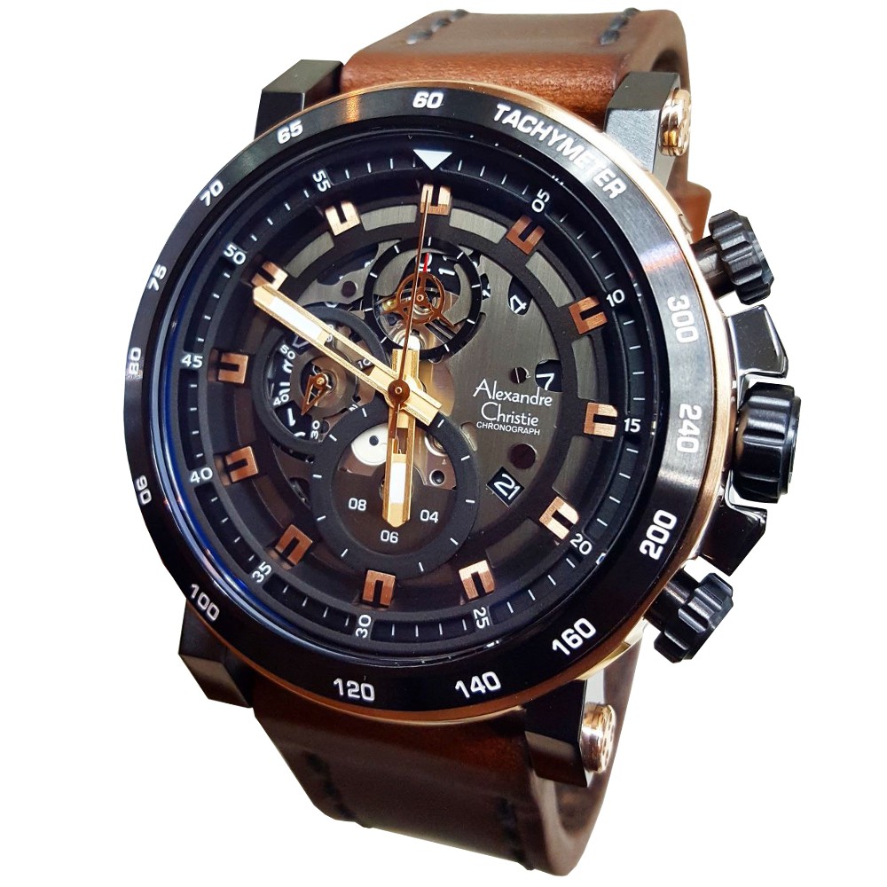 Alexandre Christie AC6429MC Jam Tangan Pria Strap Leather coklat tua rose gold