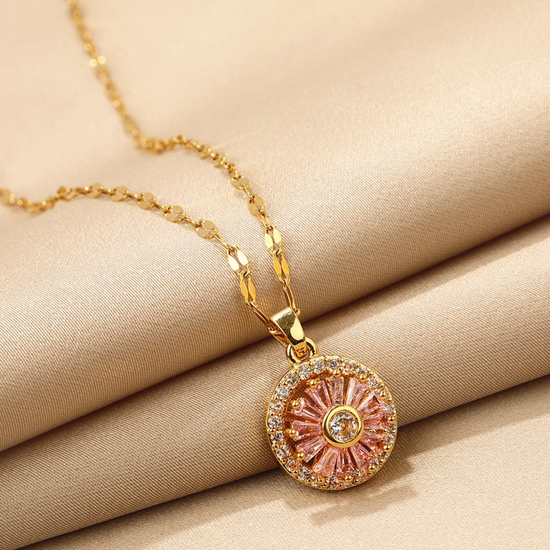 (Bisa berputar) Kalung Rantai Baja Titanium 100% Wanita, pink lucky round pendant dengan berlian, choker fashion Korea grosir