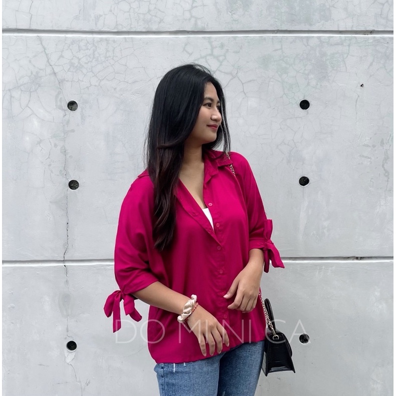 CINDY OVERSIZED SHIRT | kemeja wanita oversize lengan pendek bahan rayon-Fuschia