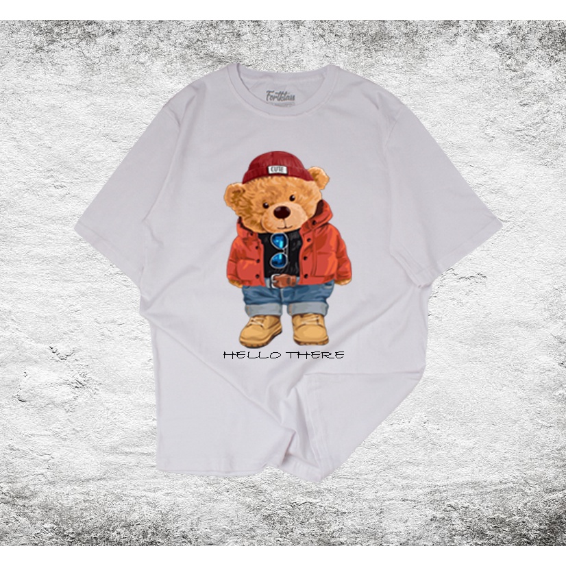 FORTGLASS BEAR HELLO KAOS PRIA PREMIUM SABLON KAOS DISTRO COWOK KAOS MOTIF BY FORTKLASS