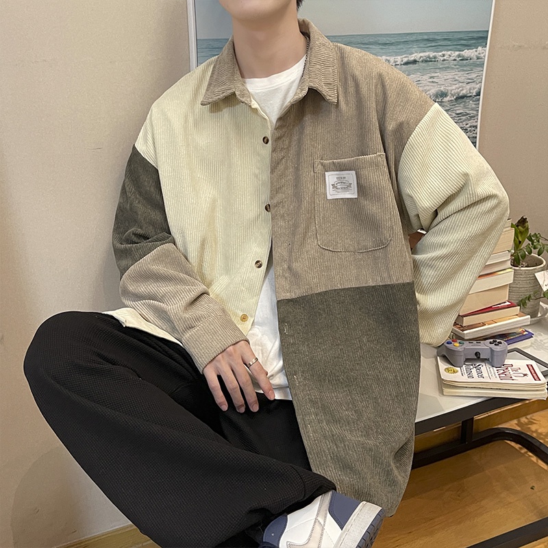 Kemeja Korduroi Retro Korea Pria Longgar Tren Kemeja Jaket Atasan Lengan Panjang