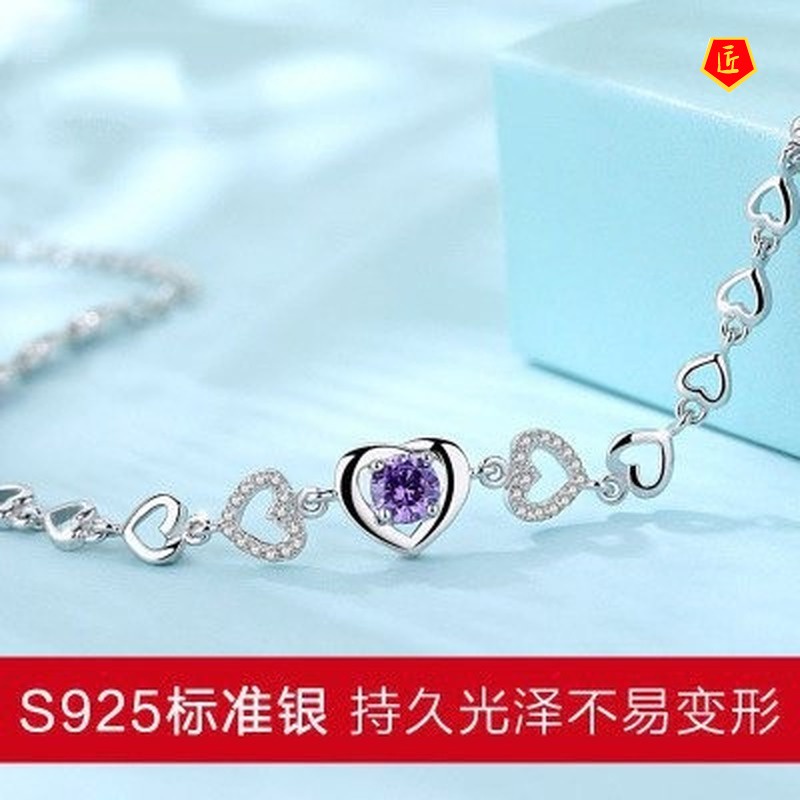 [Ready Stock]925 Silver Fashion Heart-Shaped Hollow Purple Diamond Bracelet