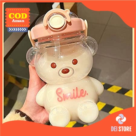 Botol Minum Beruang 3 Dimensi Cute Lucu 1400 ML Anti Bocor Dilengkapi Sedotan dan Stiker