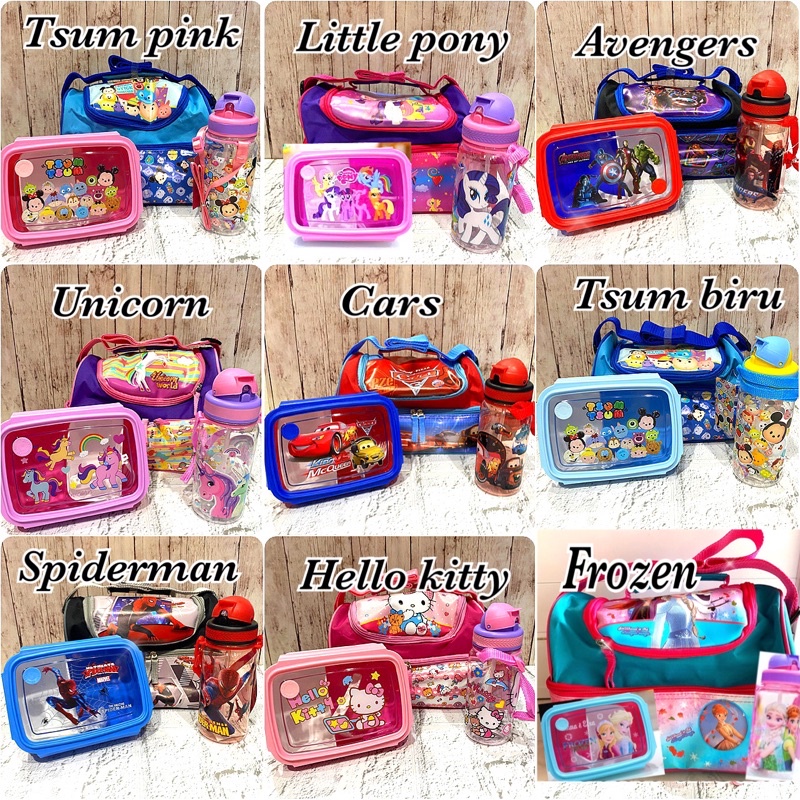 set bekal anak sekolah - tempat makan set - lunch box karakter cars - tempat makan