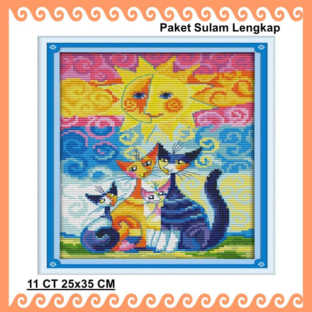 PAKET SULAM KRISTIK  CROSS STITCH . POLA DI KAIN DAN  POLA KERTAS MOTIF &quot; CAT UNDER SUN&quot;