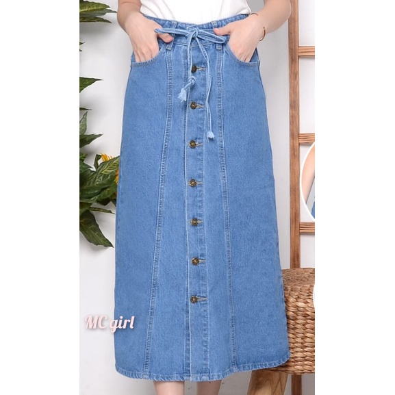 MC girl - Rok Jeans Full Kancing Tali Wanita / Rok Lepis Kancing Depan 7/9 Cewek / Rok Payung Panjang Denim Ful Kancing Hidup / Rok Sepan Tulang 7/8 / Rok Jins Garis / Bawahan