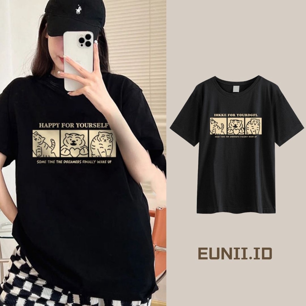 EUNII T-shirt Lengan Pendek Kartun Imut Macan Kecil Pencetakan Longgar Korean Style/Kaos Atasan Wanita/Baju Kaus Oversize Wanita