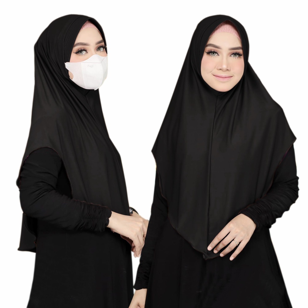 Jilbab Instan Melinda Jersey / Hijab Daily Masker Dan Headset model jilbab lubang telinga earphone (Bergo Melinda)-Hitam