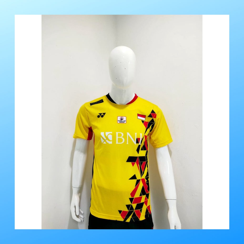 Kaos bulutangkis pria baju badminton atasan olahraga jersy wanita dewasa t-shirt outfit seragam kostum jersey casual suit pakaian jarsey oblong apparel sports jersi sudirman thomas uber cup bulu tangkis Y173 kuning sponsor