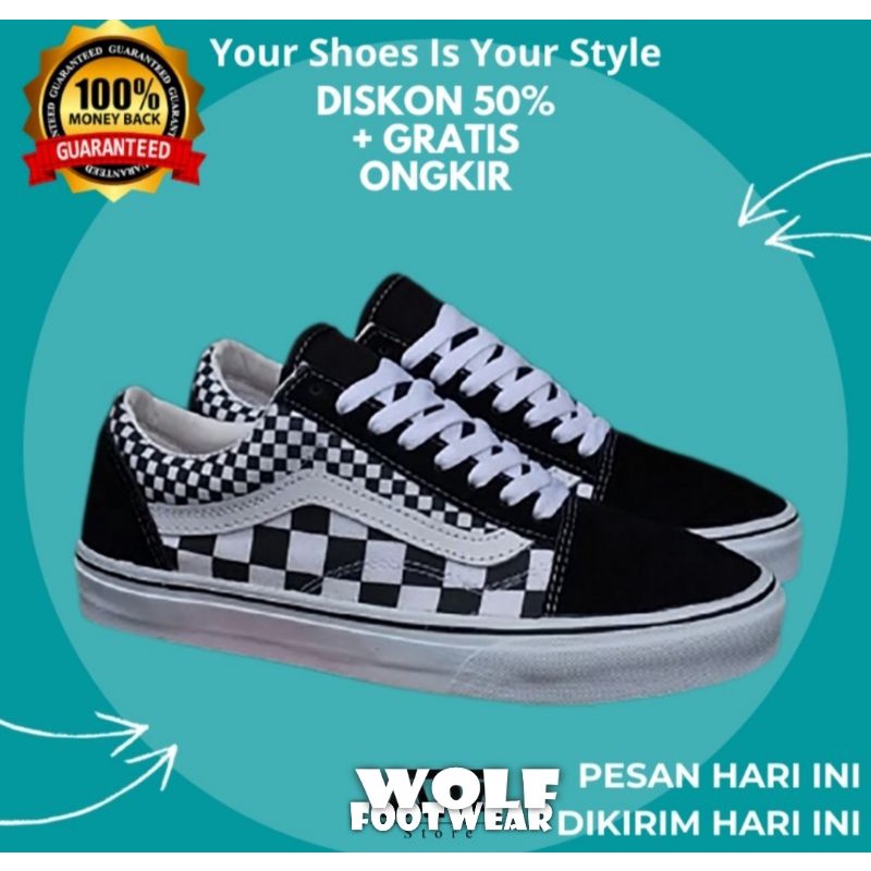 SEPATU WOLF X VANS AUTHENTIC FULL BLACK HITAM POLOS WHITE PUTIH OLDSKOOL ERA SK8-Hi Slipon Checkerboard