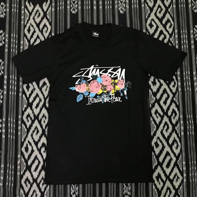 BAJU KAOS DISTRO STUSSY BUNGA MAWAR HITAM COWOK CEWEK PRIA WANITA UNISEX PREMIUM