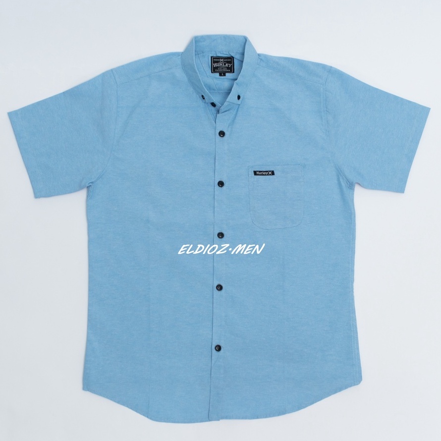 Kemeja Pria Lengan Pendek Model Slim Fit Katun Oxford Hem Pria Biru Muda