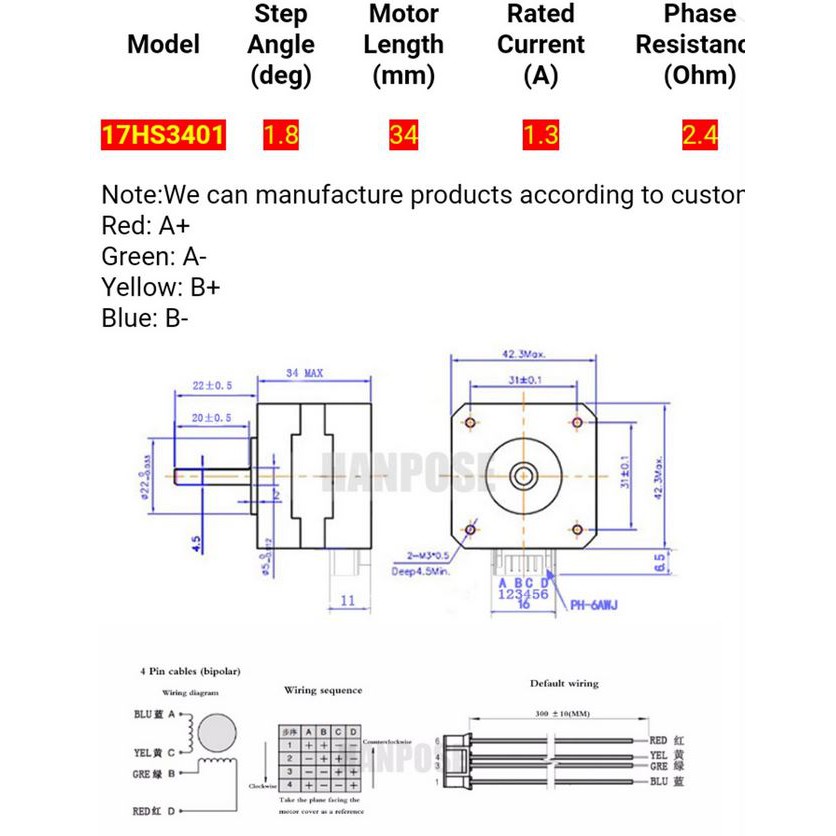 stepper motor Nema 17 17hs3401 promo stepper motor 1.3 A high torque 28NCM