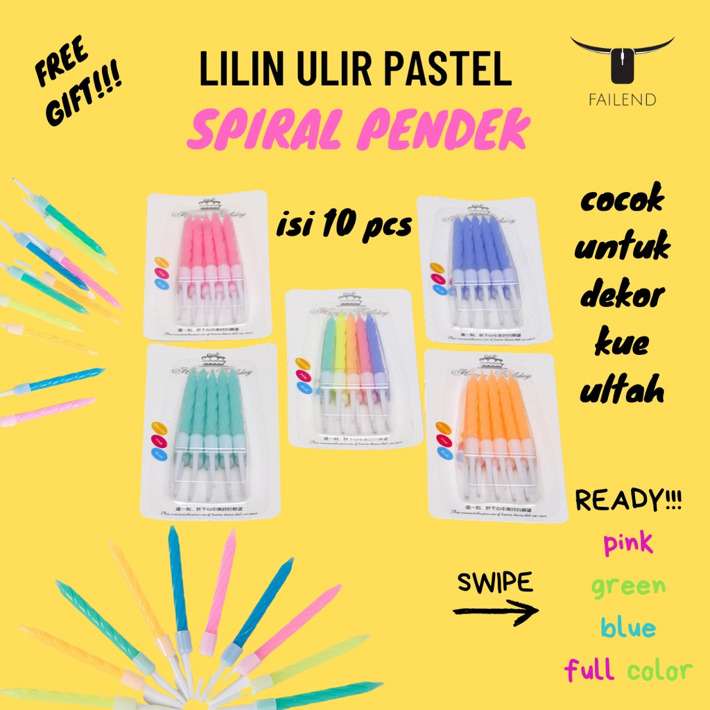 Lilin Ulang Tahun Ulir Spiral Pendek Pastel isi 10 pcs