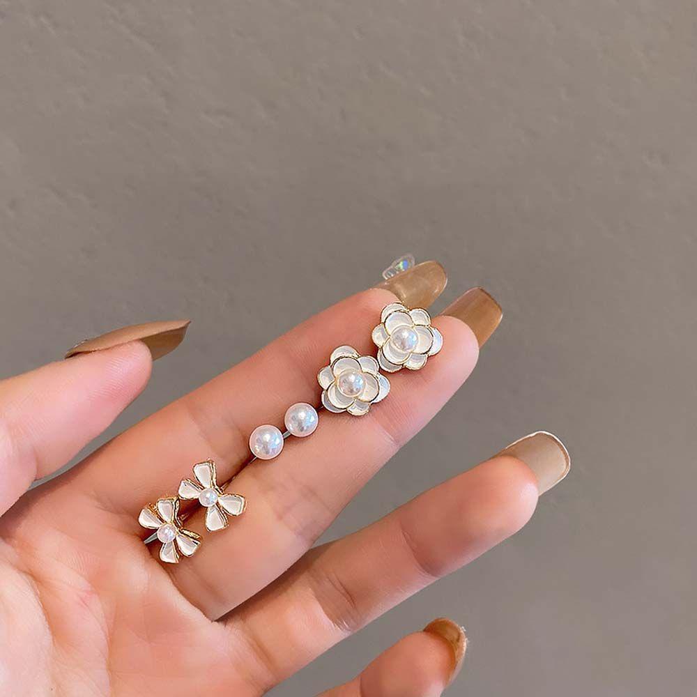 Mxbeauty Wanita Stud Earrings Lucu Temperamen Mutiara Camellia Ikatan Simpul Manis Anting Set