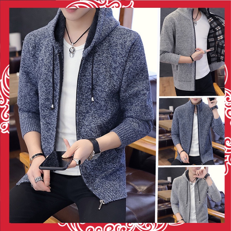 Pria Sweater Pria Menebal Bulu Berlapis Sweater Kasual Sweater Pria Cargan Kerah Berri mantel Pria F