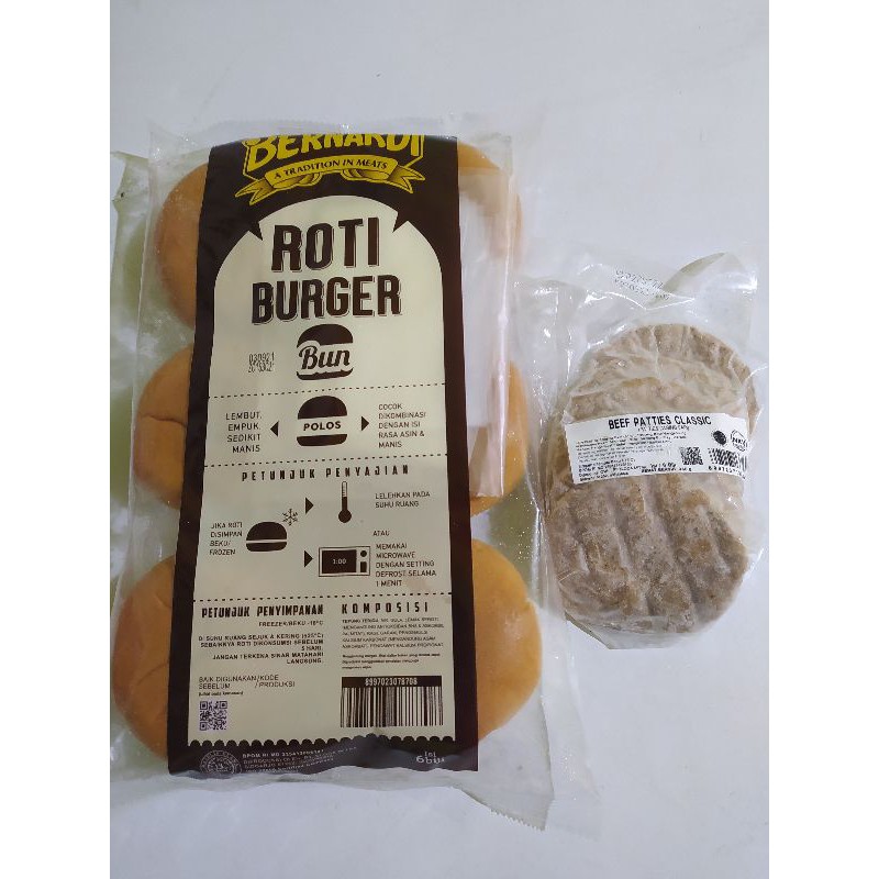 

Paket Bernardi Roti burger besar + beef patties isi 6pcs