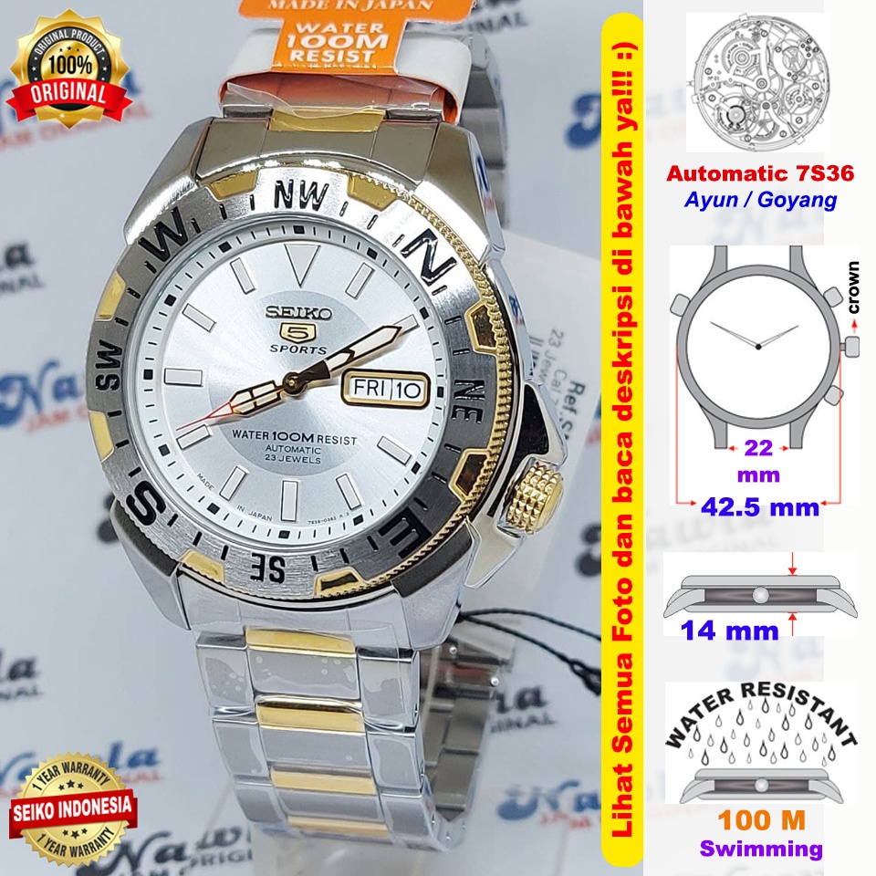 Seiko 5 Sports SNZF08J1 Silver Compass Bezel - Jam Tangan Pria SNZF08