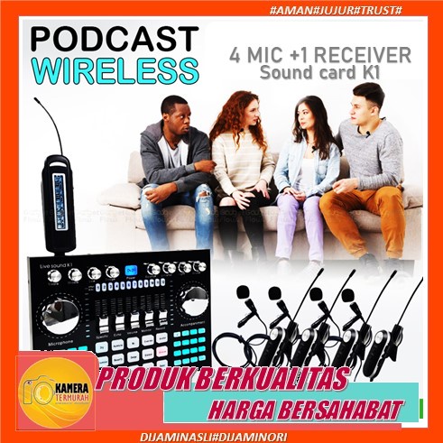 PODCAST WIRELESS Mic Microphone Wireless 4 Orang Soundcard K1 Live 4ch