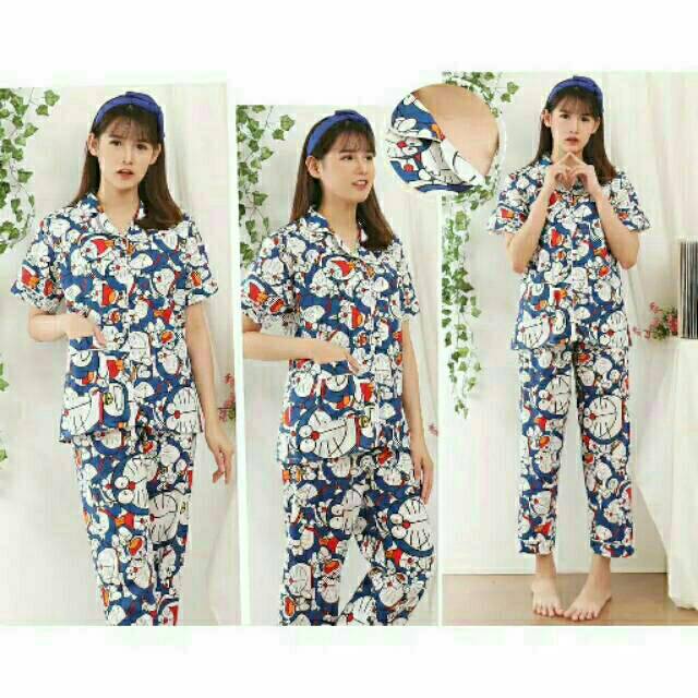 Baju tidur piyama wanita doraemon full celana panjang lengan pendek