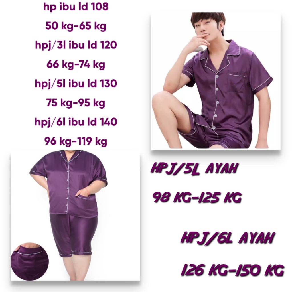 BAJU TIDUR HOTPANT/CELANA PENDEK COUPLE SUAMI ISTRI/PASANGAN COWOK JUMBO LD 130 140 BAHAN SATIN POLOS