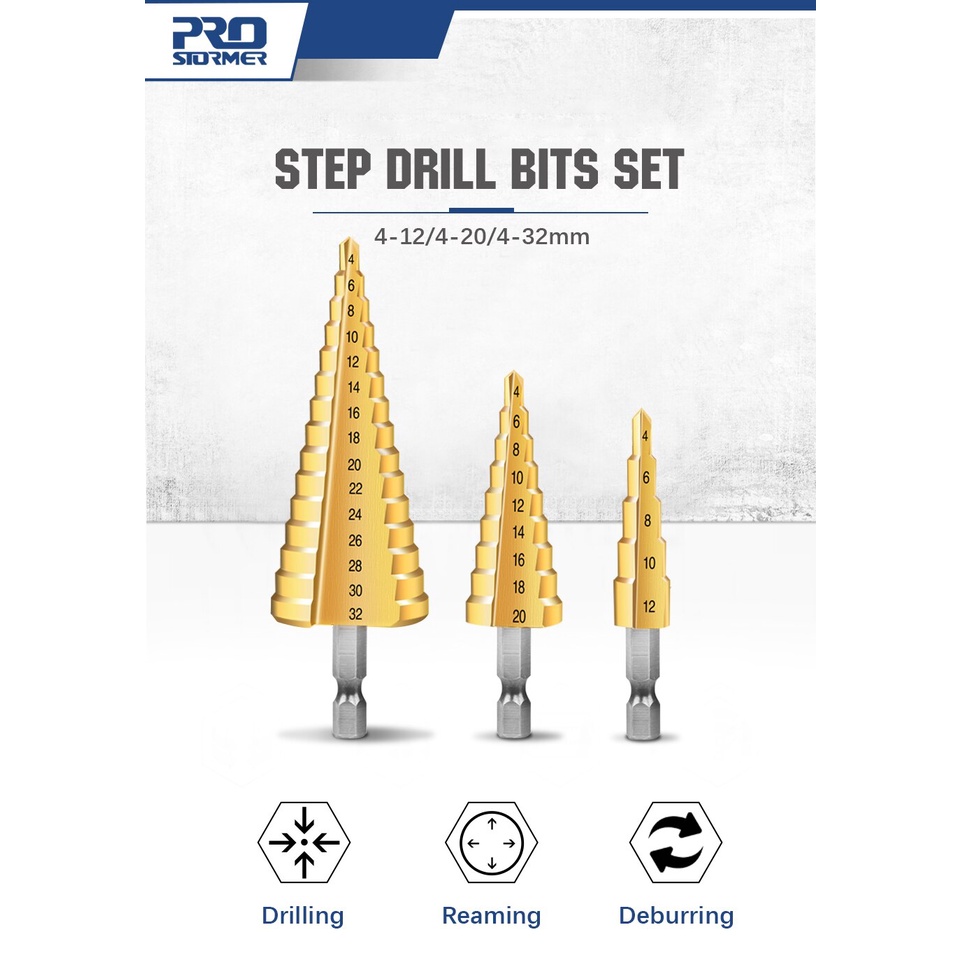 Mata Bor Pagoda Spiral Besi Kuningan Kayu Plastik Step Drill Tingkat Payung Cone 3 PCS 4 12 20 32