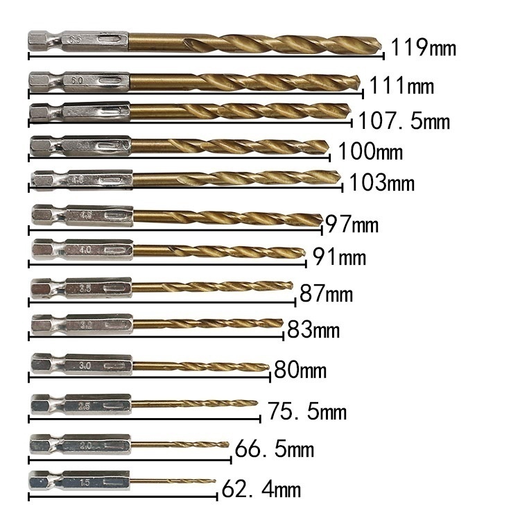 13pcs / Set Mata Bor Hex Shank 1.5-6.5mm Bahan Hss Lapis Titanium Untuk Pengerjaan Kayu / Plastik