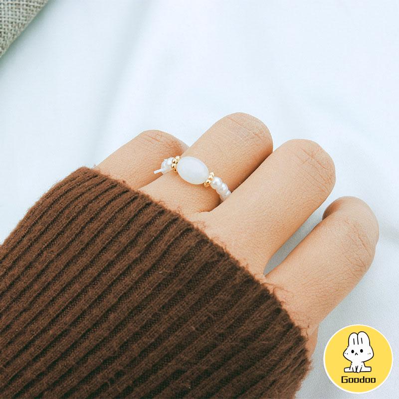 Cincin Manik-manik Mutiara Antik Cincin Batu Fashion Mewah Aksesoris Fashion Yang Simpel Dan Murah -Doo