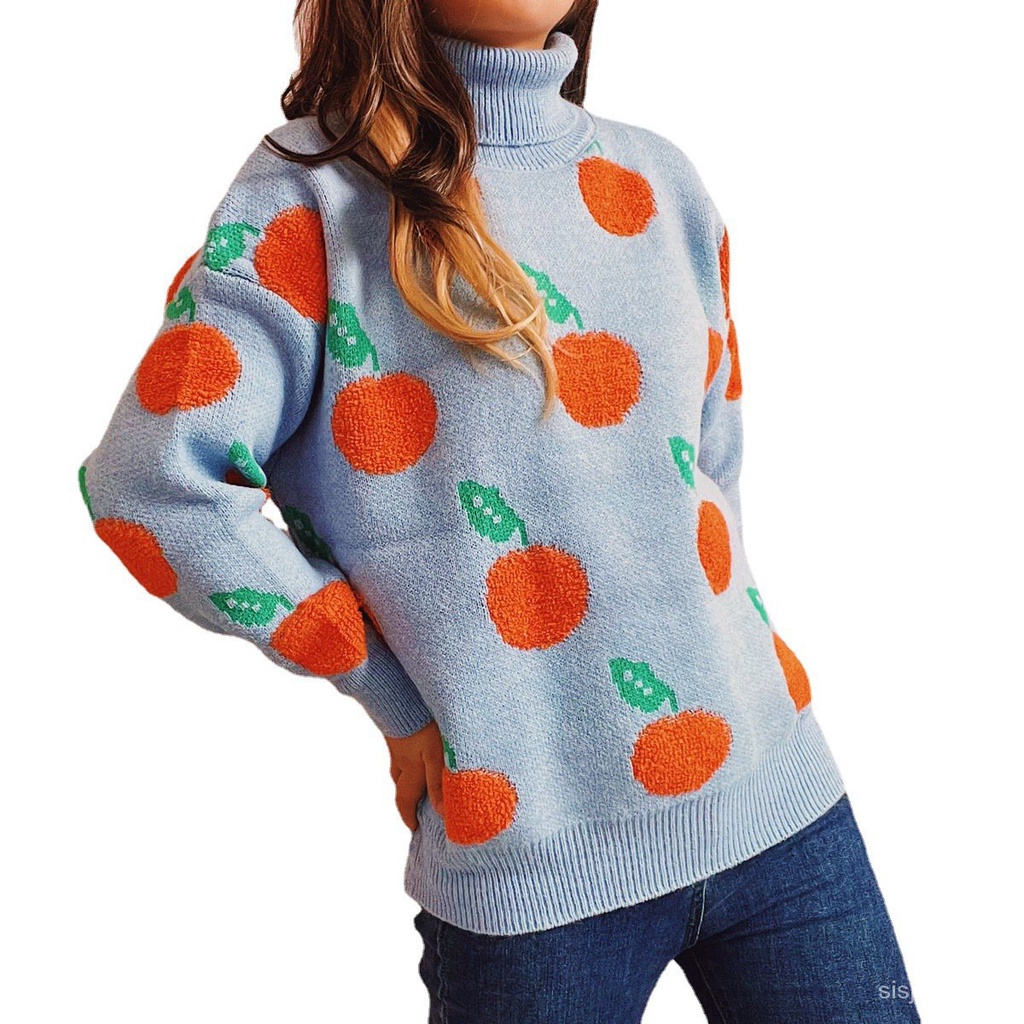 #Sisjuly# Wanita Baru Kasual Tinggi Leher Lengan Panjang Tebal Longgar Orange Berkelompok Sweater Pu