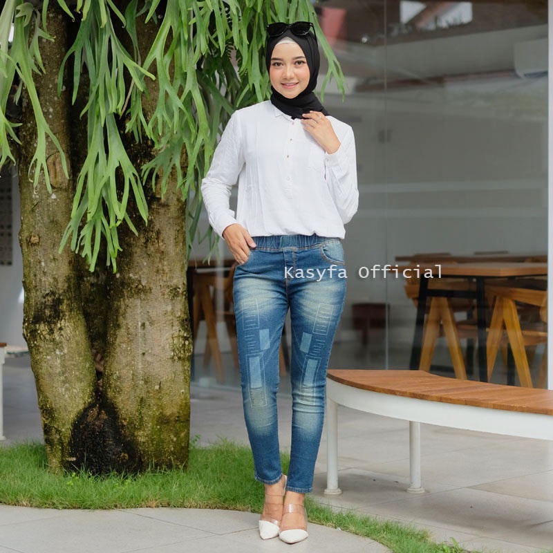 LESTY PANTS CELANA JEGGING JEANS LASER KOTAK FULL KARET - KF