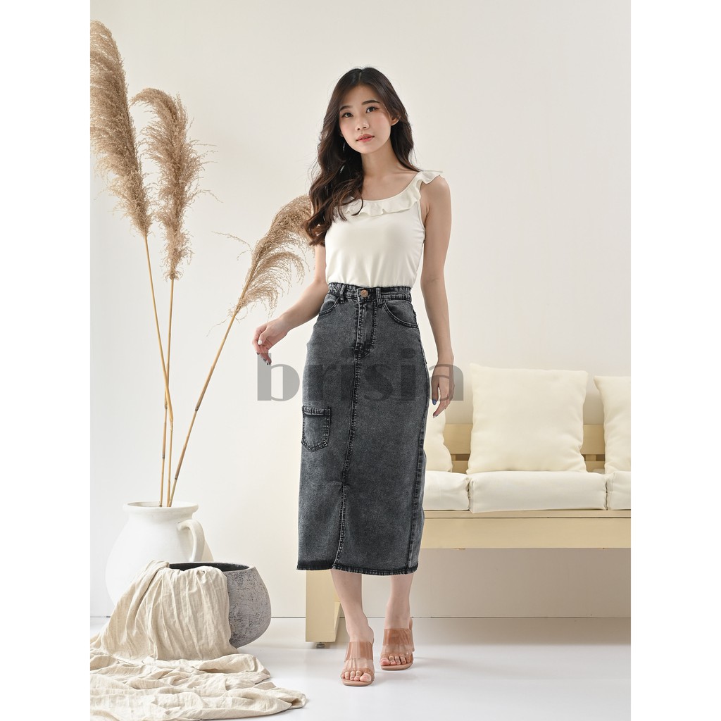 [SIZE 28-33] 4 WARNA - SYLVIA SKIRT JEANS / Rok Jeans Polos 7/8 Slit Depan Strech