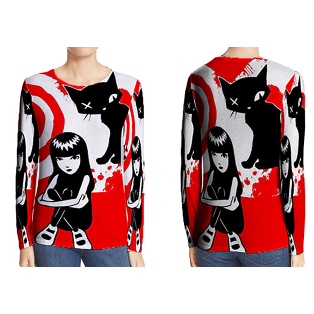 Kaos Tangan Panjang Emily The Strange Top Taillen Band Music Cat Fullprint T-Shirt Unisex Polyester