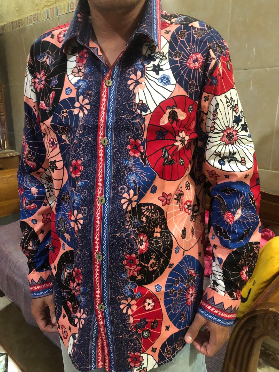 Kemeja Batik Pria Dewasa Lengan Pendek Warna Merah Edisi Imlek Natal, 113 Awi# Bahan Katun Stretch