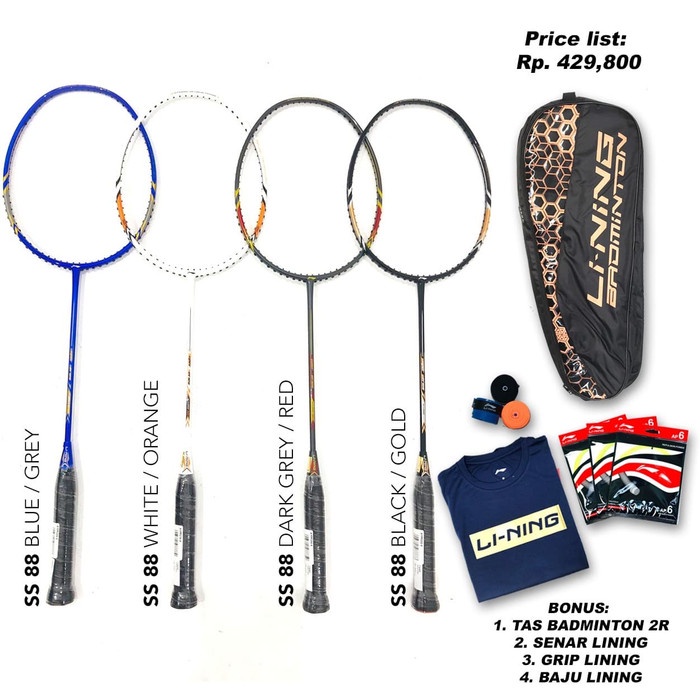 TERBARU PAKET RAKET BADMINTON LINING SS 88 SS88 Super Series 88 Original MURAH - PUTIH ORANGE