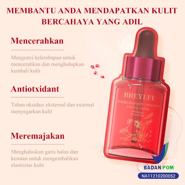 [BPOM] BREYLEE Pomegranate Serum Facial Mask / Breylee Sheet Mask - Whitening , Melembabkan, Mencerahkan &amp; Anti-Aging (30 ml)