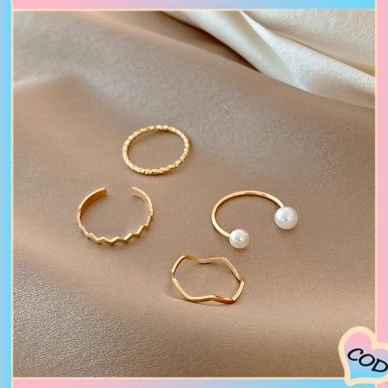 COD❤️ 4 Pcs/set Korea Cincin Emas Untuk Wanita Sederhana Mutiara Elegan Cincin Set Dapat Disesuaikan Terbuka Perhiasan Hadiah-A.one