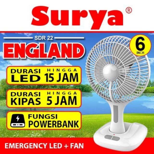 Kipas angin baterai + lampu emergency LED SURYA England