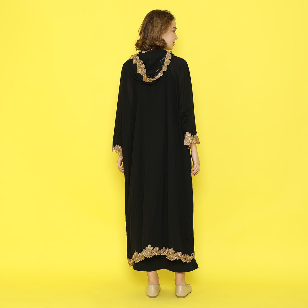 PROMO Gamis Wanita Muslim Dress Kapucong Hoodie Terbaru Warna HITAM PUTIH Sifon Full Bordir All Size