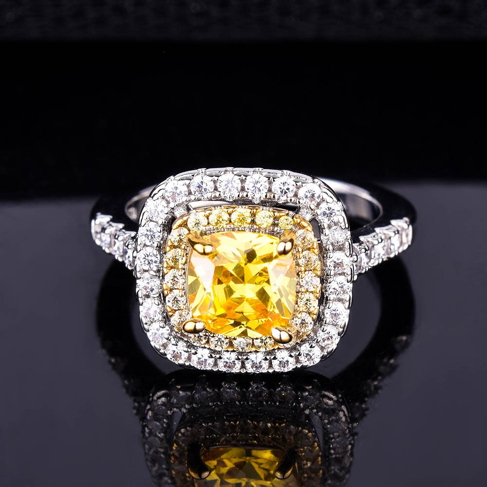 925 Perak Kuning Berlian Perhiasan Wanita Cincin Pertunangan Berlian Persegi Cincin