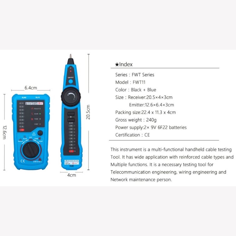 BSIDE Wire Tracker Tester Kabel Jaringan RJ45 RJ11 CAT5 CAT6 - FWT11 - Blue