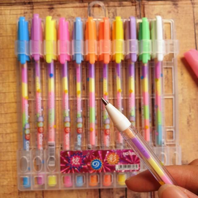 12 Pcs Pen Unik - Pulpen Pelangi 8806 Plus Kotak - Gelpen Rainbow  - Pen Gel Rainbow Plus Kotak