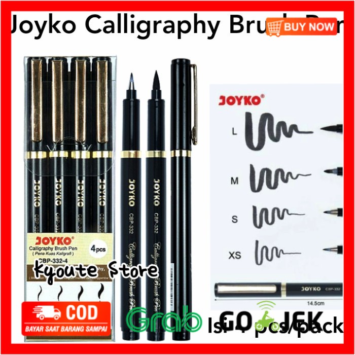 

(BISA COD) Joyko Calligraphy Brush Pen Black Ink 4 pcs Hand-Lettering Drawing Art