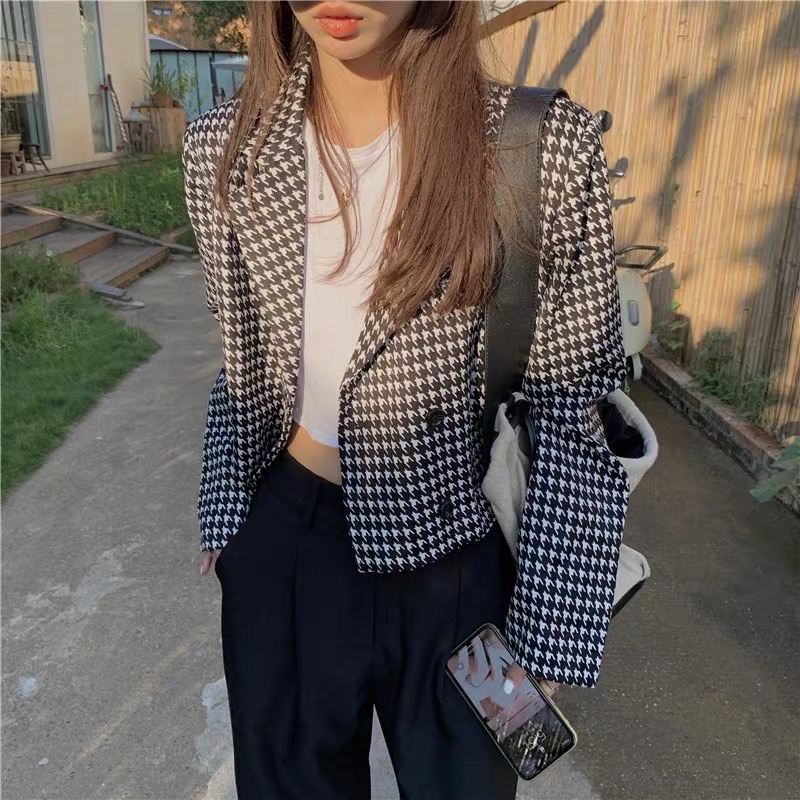 [ready stock] lunna crop blazer | atasan outer gaya korea kotak kotak houndstooth hitam putih garis