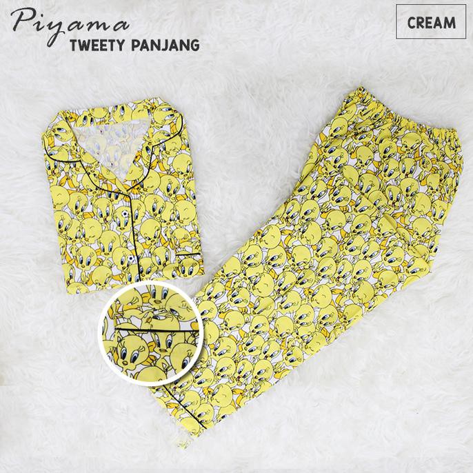 TERMURAH CP TWEETY PUTIH BAJU TIDUR WANITA DEWASA PIYAMA CEWE CEWEK MOTIF KATUN - Putih