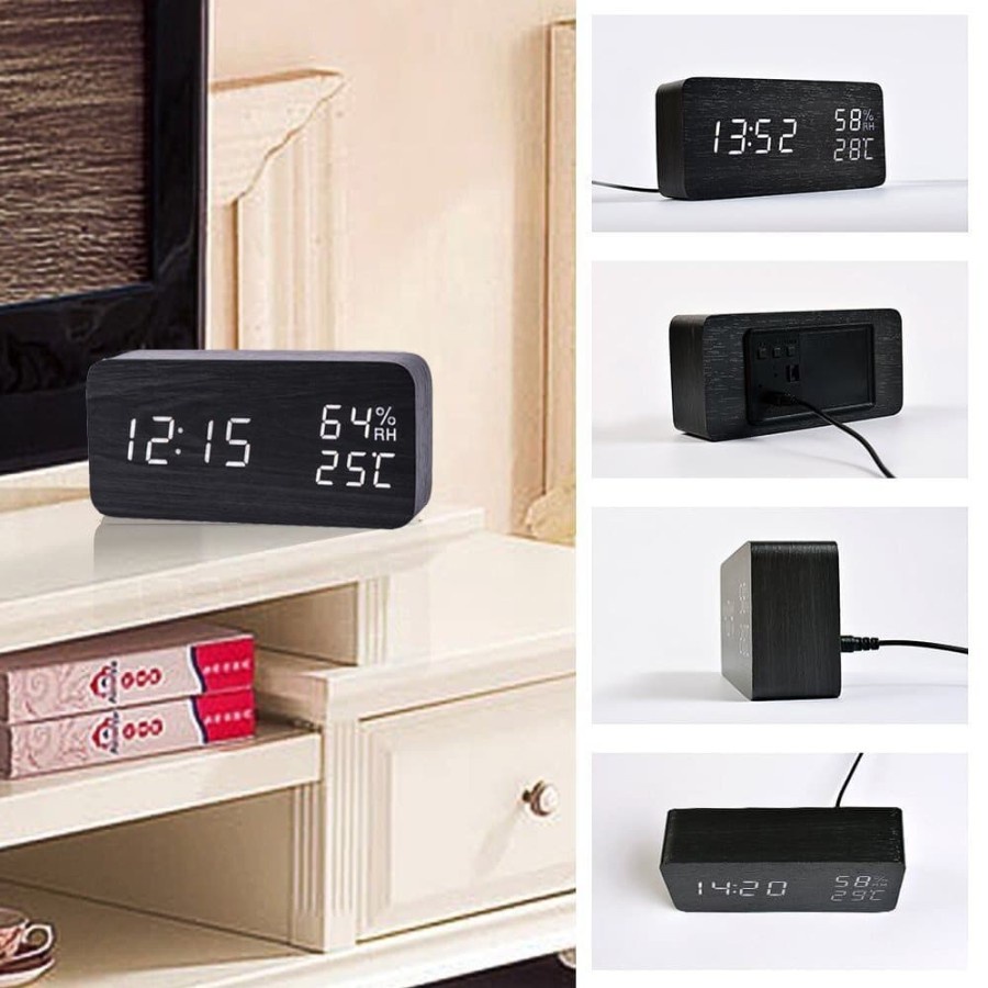 Jam Meja Digital LED Clock Temperature Humidity Control - SQ70 - Black