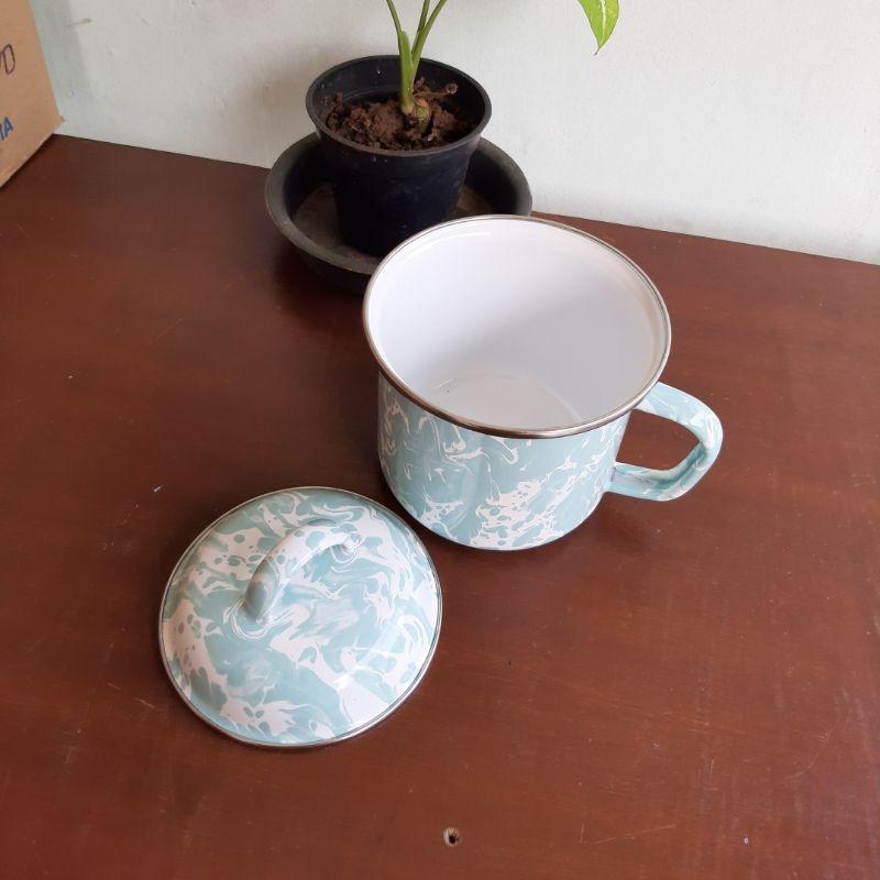 MUG CANGKIR GELAS ENAMEL SENG KALENG BLIRIK BURIK BLURIK LURIK LOREK BATIK HIJAU TOSCA JADUL 12CM